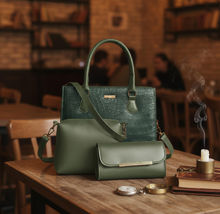 Croc 3pcs Bag – Premium Ladies Handbag Set with Wallet & Shoulder Bag