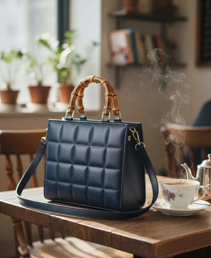 Bubbly Baggy Bag – Quilted Ladies Handbag with Bamboo Handle & Shoulder Strap