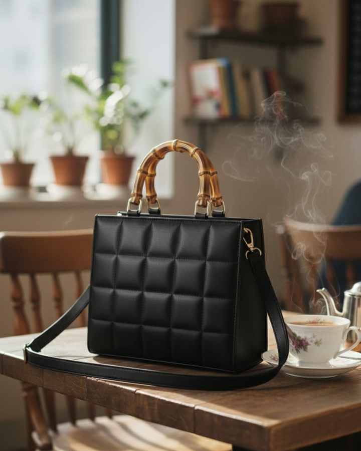 Bubbly Baggy Bag – Quilted Ladies Handbag with Bamboo Handle & Shoulder Strap