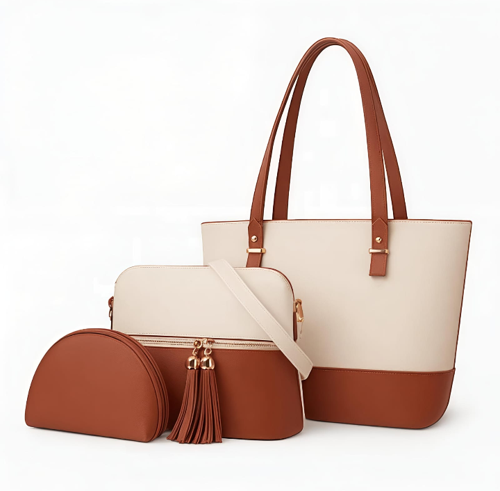3PCS Trendy Collection Ladies Handbag Set – Elegant Tote, Crossbody & Pouch for Daily & Party Wear