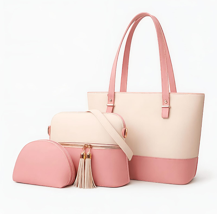 3PCS Trendy Collection Ladies Handbag Set – Elegant Tote, Crossbody & Pouch for Daily & Party Wear