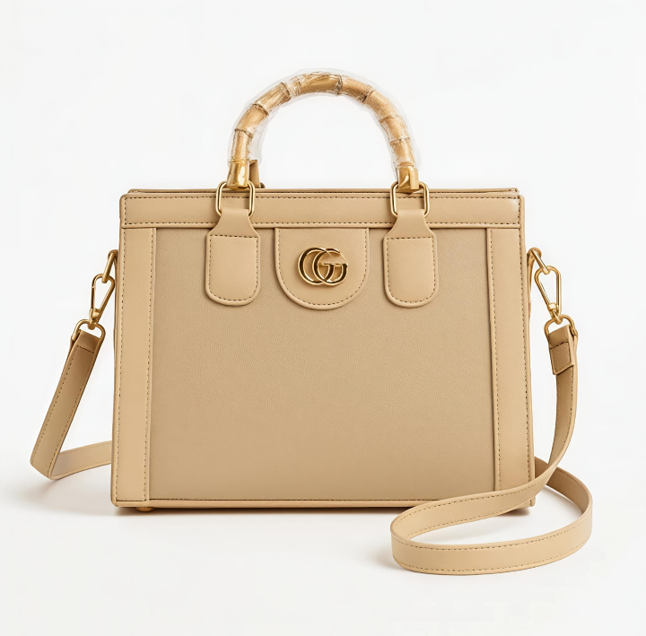 Bamboo Wood Handle Ladies Handbag – Elegant Structured Carry Bag with Shoulder Strap