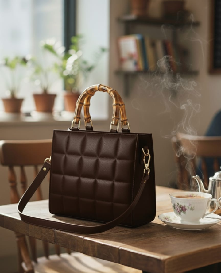 Bubbly Baggy Bag – Quilted Ladies Handbag with Bamboo Handle & Shoulder Strap