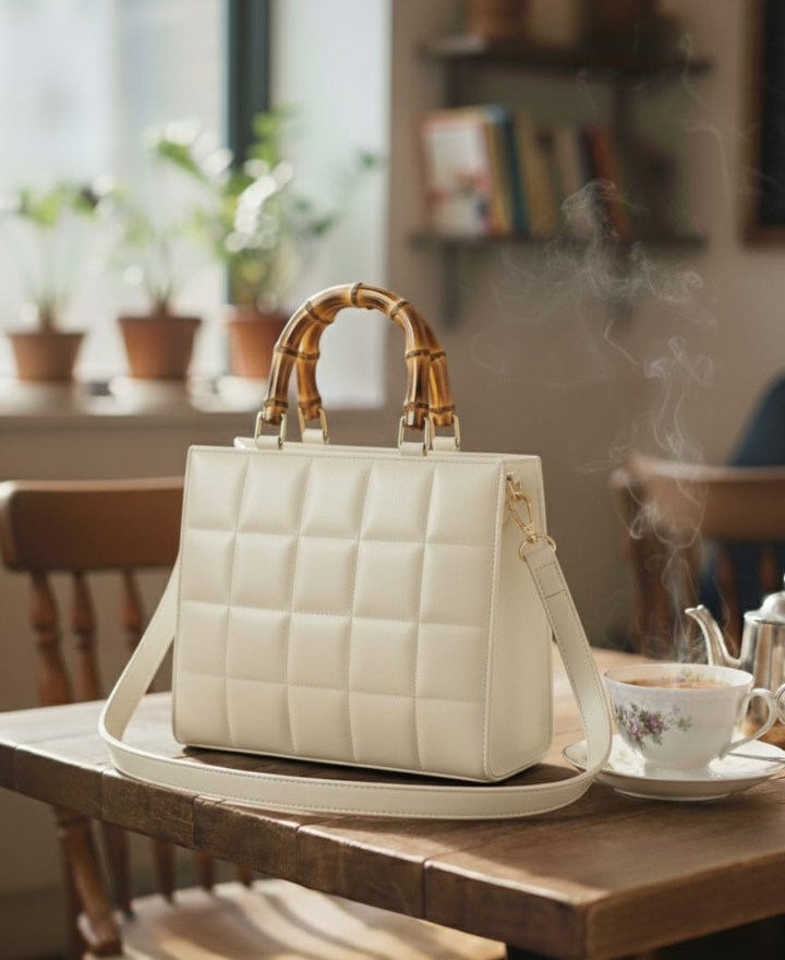 Bubbly Baggy Bag – Quilted Ladies Handbag with Bamboo Handle & Shoulder Strap