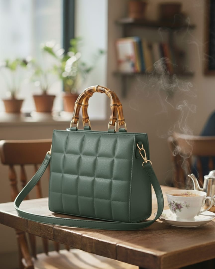 Bubbly Baggy Bag – Quilted Ladies Handbag with Bamboo Handle & Shoulder Strap