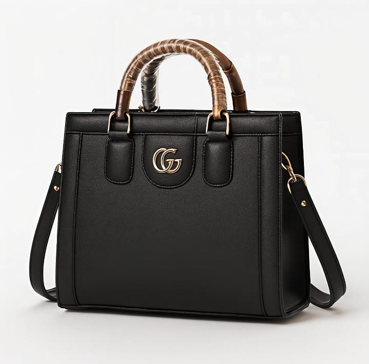 Bamboo Wood Handle Ladies Handbag – Elegant Structured Carry Bag with Shoulder Strap